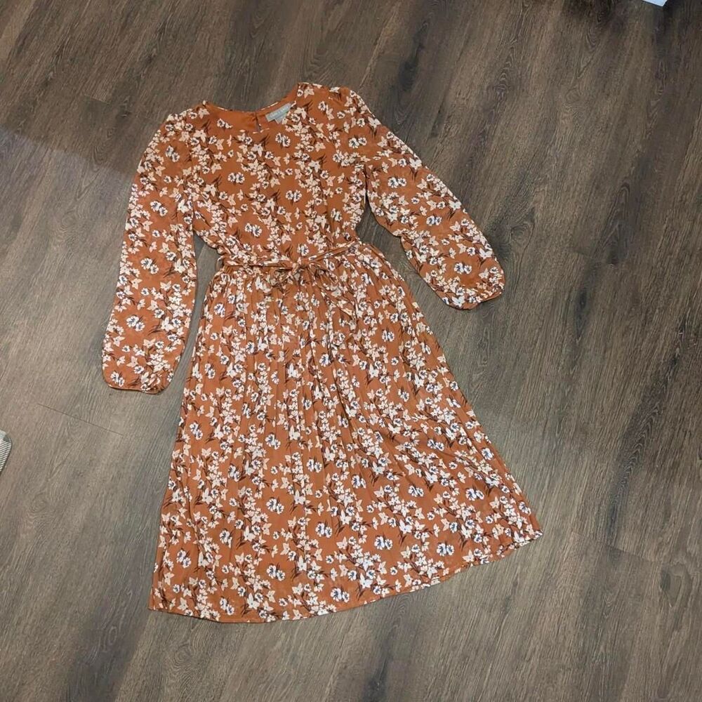 Lark & Grey Women's Burnt Orange Floral Elastic Tie Waist Midi Dress, Sz M